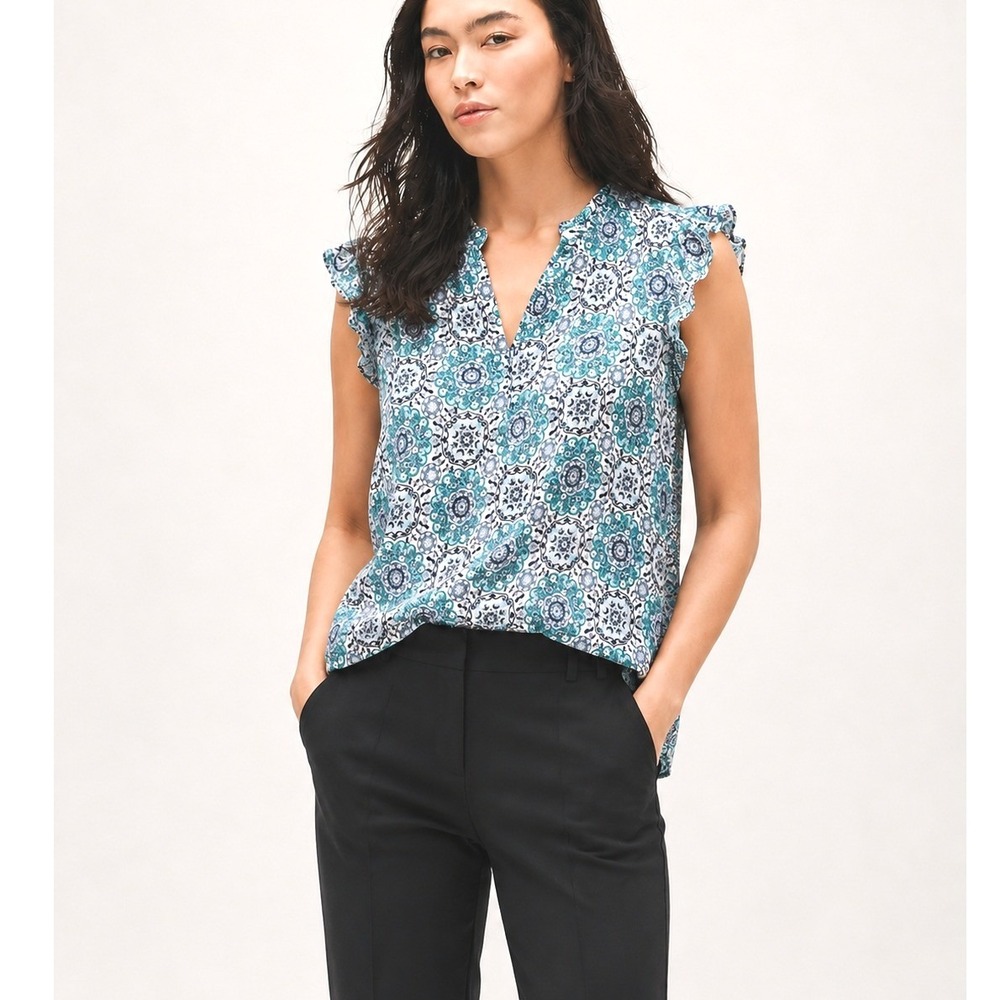 LOFT Teal Navy Medallion Print Ruffle Cap Sleeve Rayon Blouse Shell Top